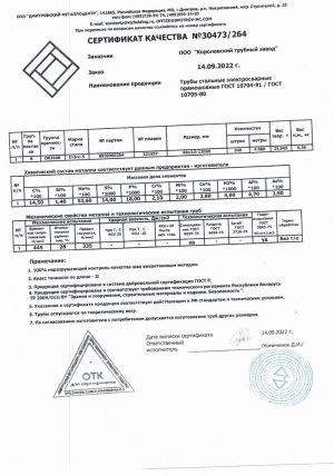 Сертификат качества 89х3-09.2022